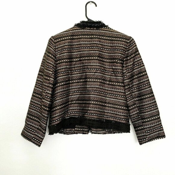 Chicos Jacket Black Gold Metallic Royal Tweed Open Front Chain - Picture 7 of 9